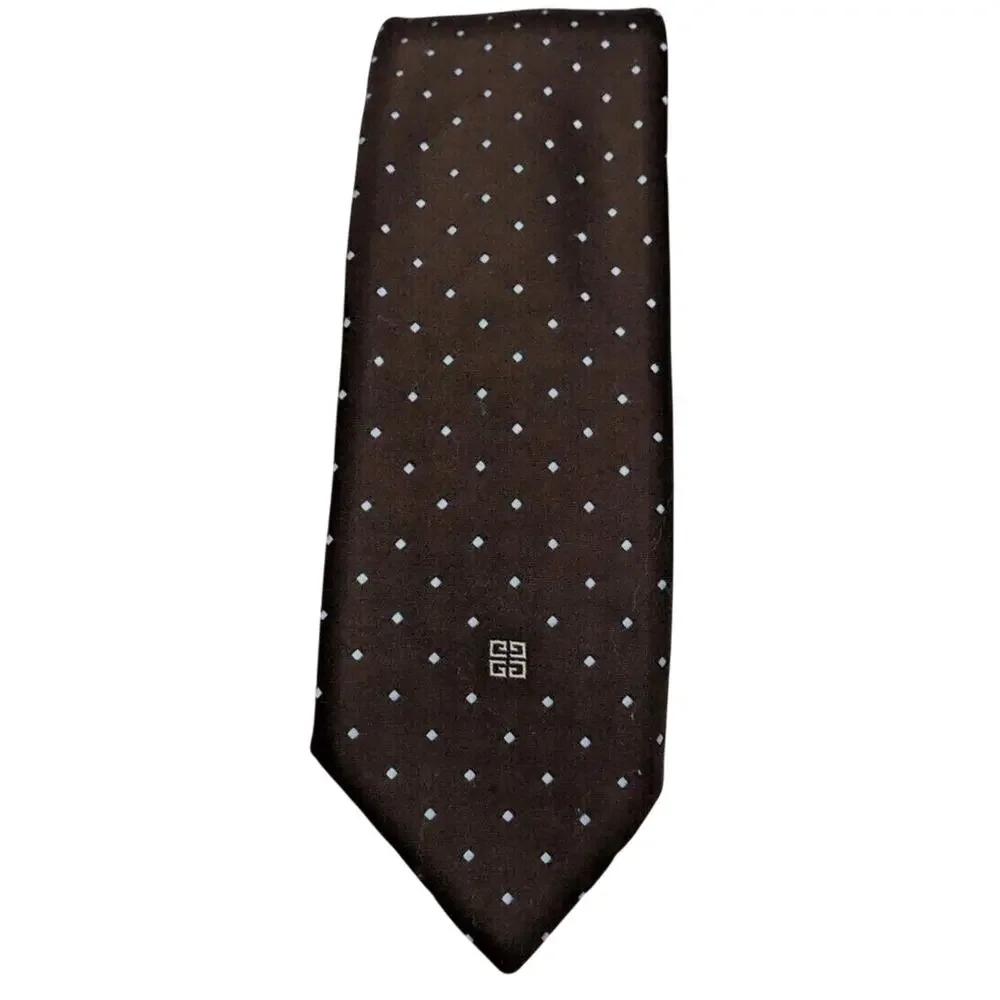 Vintage Givenchy Silk Tie Dark Brown White Micro Dot Monogram
